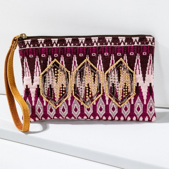 Handmade Hand Beaded Wristlet Clutch - Ethnic Inspired Design - Dyed Fine Cotton - Picture 2 of 6